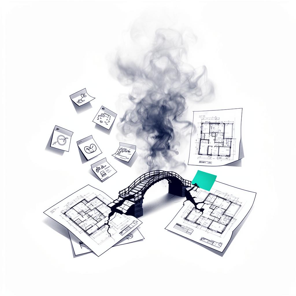 Editorial illustration of a product idea collapsing in the planning gap